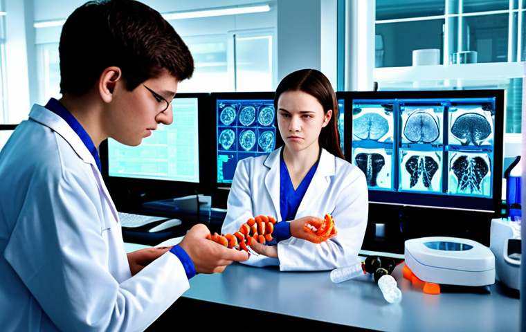 **Genetic Engineering for Youth:** A futuristic lab scene. Scientists working with CRISPR technology, possibly visualizing a DNA strand with highlighted telomeres. Emphasis on rejuvenation and disease prevention (Alzheimer's, Parkinson's, Cancer).