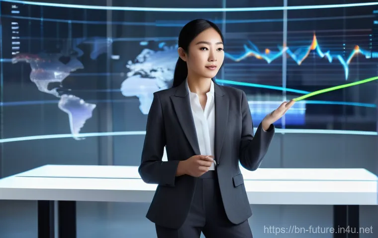 미래 예측 기법 - **Prompt 1: Futuristic Data Analyst**
A focused, confident female professional of East Asian des...