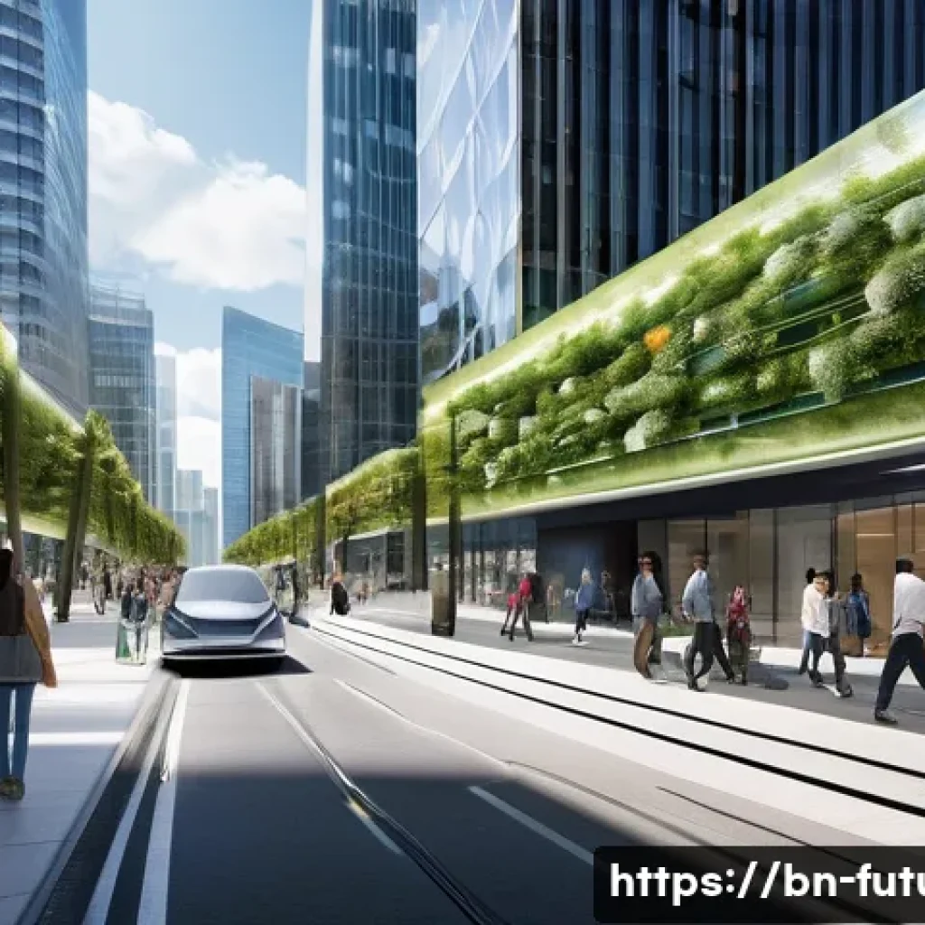 미래형 스마트 시티 - **Prompt:** A bustling, futuristic smart city street scene during a bright day. Sleek, automated ele...