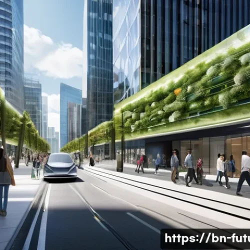 미래형 스마트 시티 - **Prompt:** A bustling, futuristic smart city street scene during a bright day. Sleek, automated ele...
