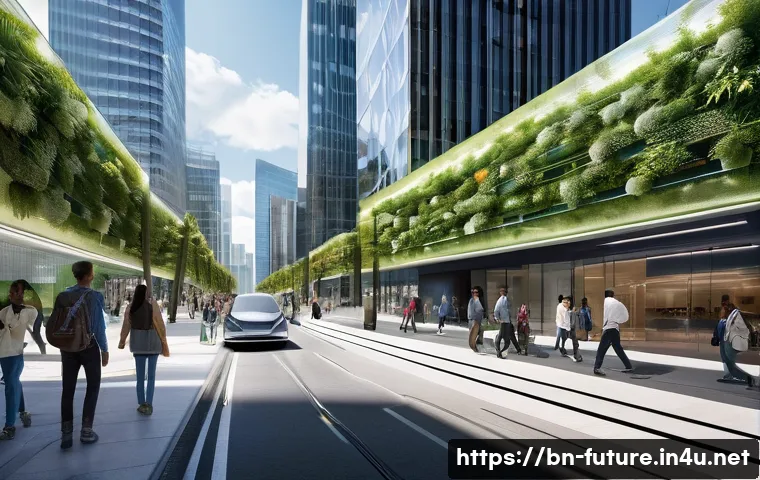 미래형 스마트 시티 - **Prompt:** A bustling, futuristic smart city street scene during a bright day. Sleek, automated ele...
