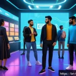 메타버스 경제와 가상 자산 - A vibrant digital marketplace scene inside a futuristic metaverse platform, featuring diverse avatar...