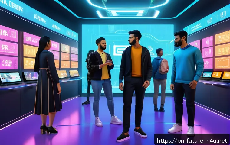 메타버스 경제와 가상 자산 - A vibrant digital marketplace scene inside a futuristic metaverse platform, featuring diverse avatar...